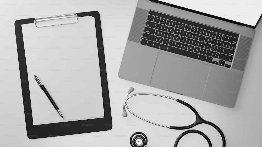 Top view, closeup, White doctor office desk concept, laptop mockup, blank medical clipboard sheet, stethoscope, 3d rendering, 3d illustration