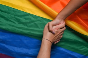 Dos parejas de lesbianas de mujeres jóvenes tomadas de la mano sobre la bandera del orgullo LGBT.