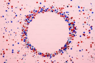 Happy Labor Day banner mockup with American flag color confetti circle on pink background. USA Independence Day, Memorial Day, US Veterans day concept.