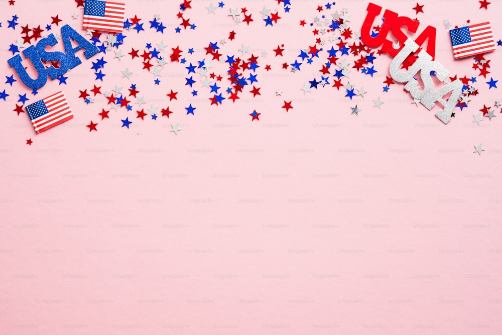 Happy Veterans Day banner mockup with confetti stars. USA Independence Day, American Labor day, Memorial Day, US election concept.