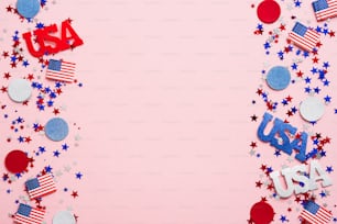 Happy Veterans Day banner mockup with American flags, confetti and decorations. USA Independence Day, American Labor day, Memorial Day, US election concept.