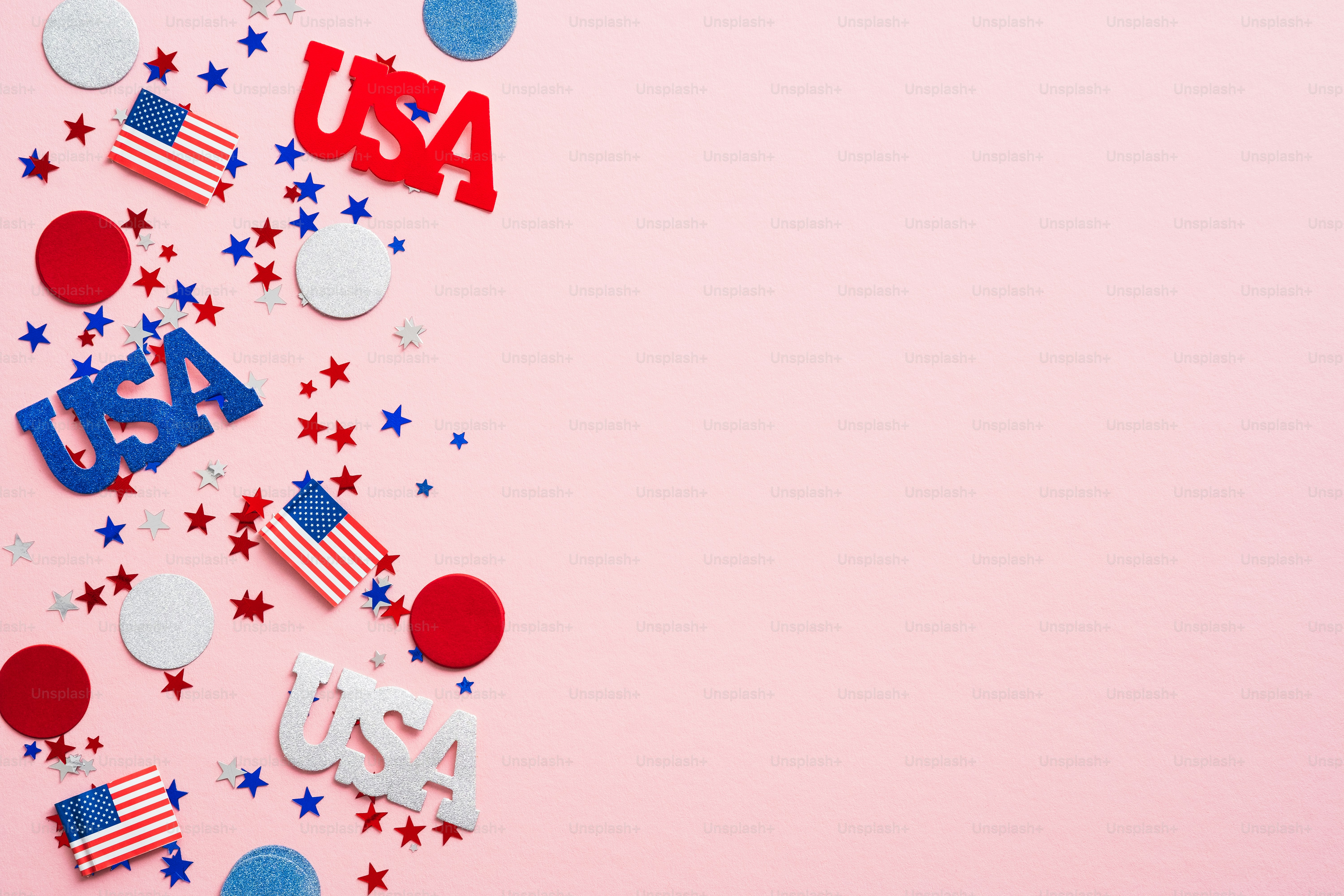 Happy Labor day banner mockup with American flags, confetti and decorations. US Independence Day, American Labor day, Memorial Day, US election concept.