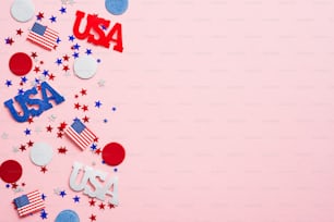 Happy Labor day banner mockup with American flags, confetti and decorations. US Independence Day, American Labor day, Memorial Day, US election concept.