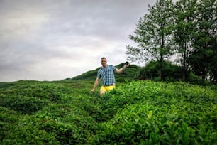 giovane che fotografa cespugli di tè verde fresco a Rize, Turchia. Un'avventura estiva istruttiva e un viaggio attraverso il Medio Oriente. La fotografia di viaggio come hobby e stile di vita