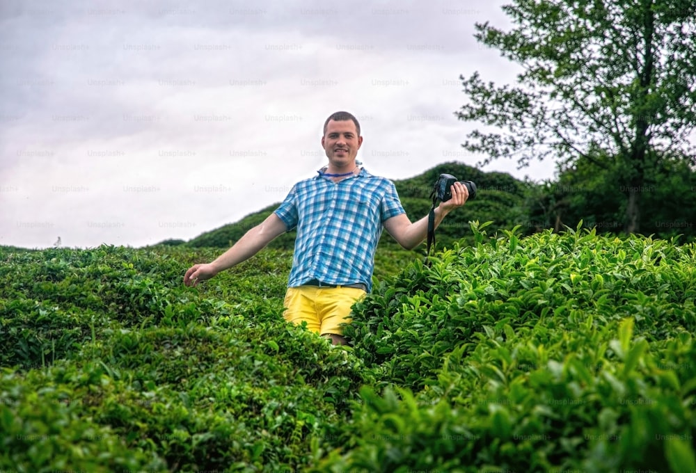 young man photographing fresh green tea bushes in Rize, Turkey. An informative summer adventure and journey through the Middle East. Travel photography as a hobby and a way of life