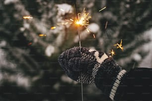 Hand in cozy glove holding burning sparkler on background of pine tree branches in snow. Happy New Year! Atmospheric magic moment. Woman hand with glowing firework in evening. Happy Holidays!