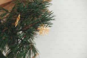 Elegantes ornamentos de palha da estrela do Natal em ramos de pinheiro no vaso no fundo da estrela sueca na sala escandinava decorada festiva. Decorações sem plástico ecológico. Espaço para texto