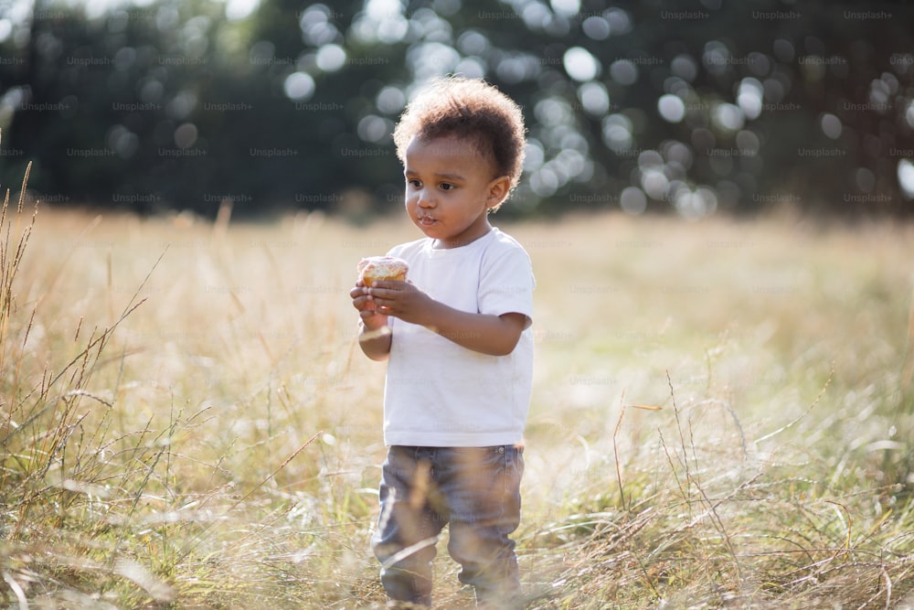 Pretty african toddler with curly hair eating delicious cupcake on summer field. Little cute child in casual wear enjoying tasty food during picnic time.
