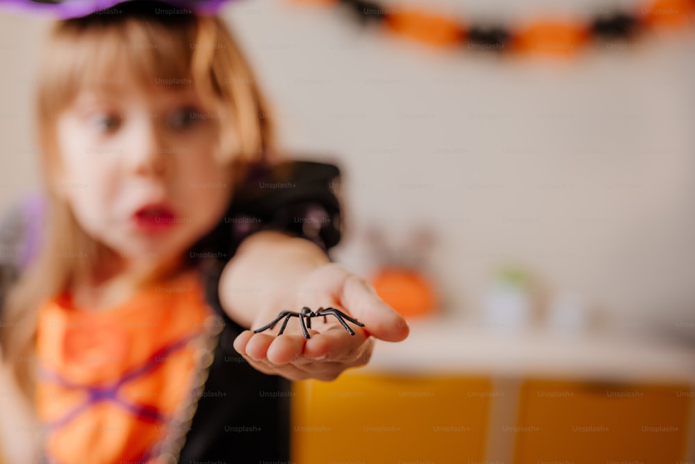 Little girl dressed Halloween witch costume holding toy spider on the hand. Selective focus on the spider. Emotion of fear.