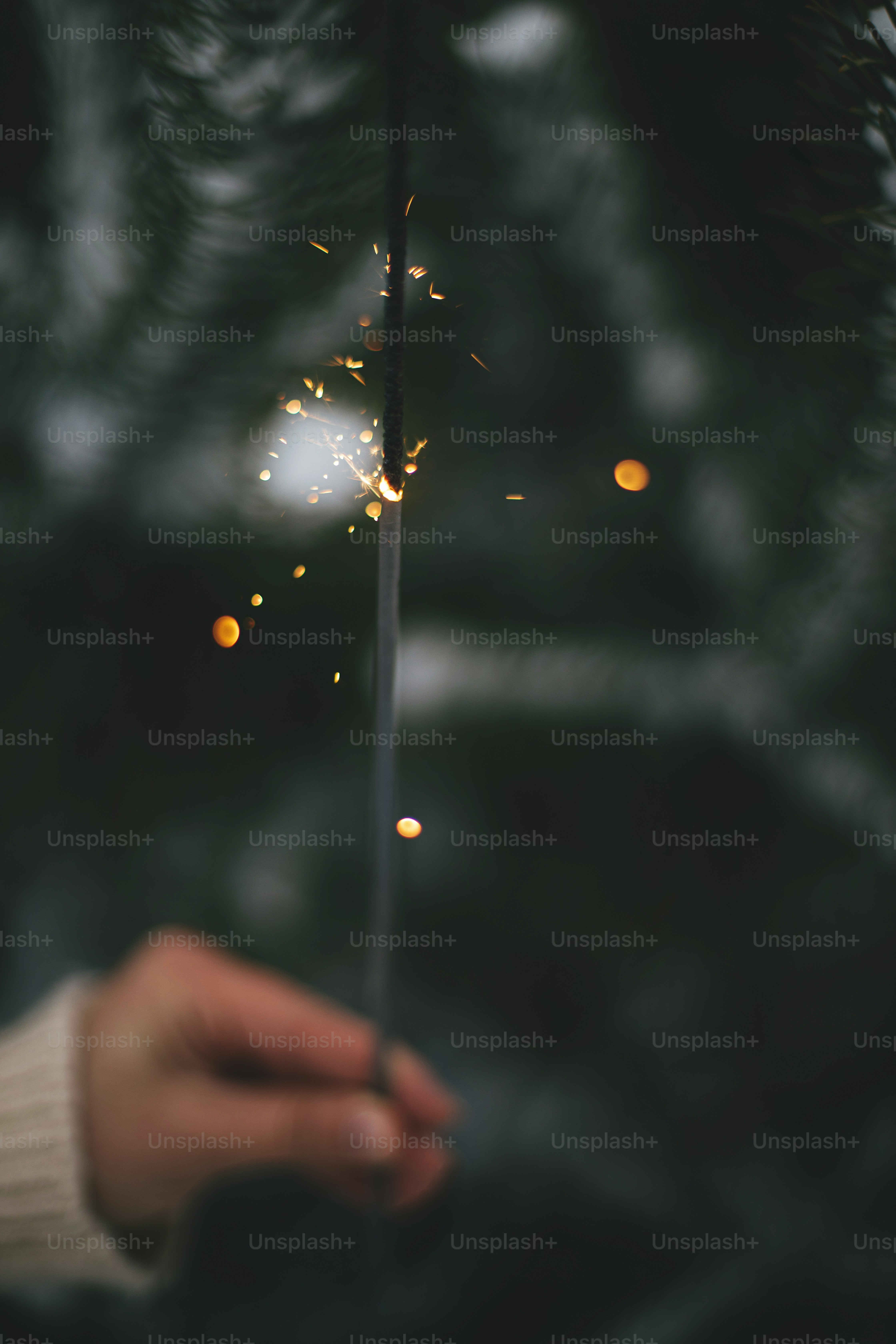 Happy New Year! Hand holding burning sparkler on background of pine tree in snowy park. Woman hand in cozy sweater with glowing firework. Atmospheric magic moment. Happy Holidays!