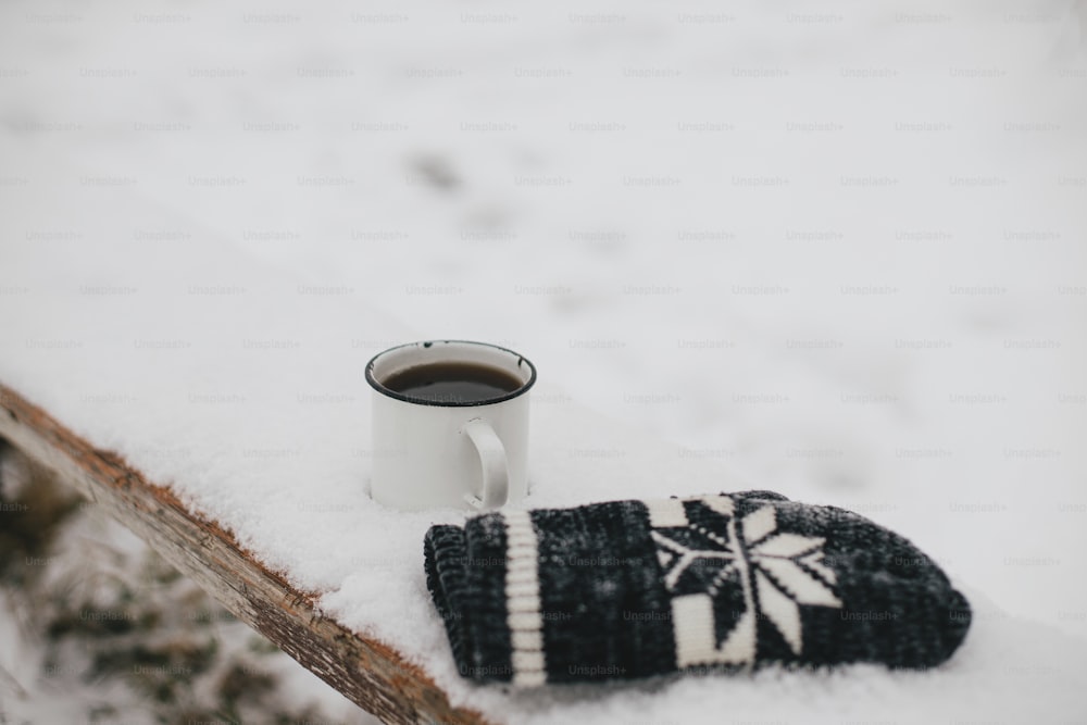 Warm cup of tea and cozy knitted mittens in snow on wooden bench in winter park. Hiking and traveling in cold season. Wanderlust. Space for text. Winter time