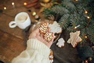 Hand in cozy sweater holding snowflake and tree gingerbread cookies on rustic background with fir branches,warm lights, ornaments on table. Winter time. Moody atmospheric image