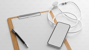 Medical clipboard blank sheet mockup with smartphone blank screen mockup and stethoscope on white background, 3d rendering, 3d illustration