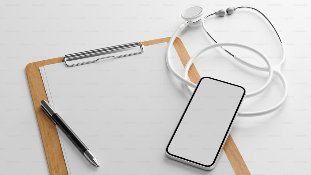 Medical clipboard blank sheet mockup with smartphone blank screen mockup and stethoscope on white background, 3d rendering, 3d illustration