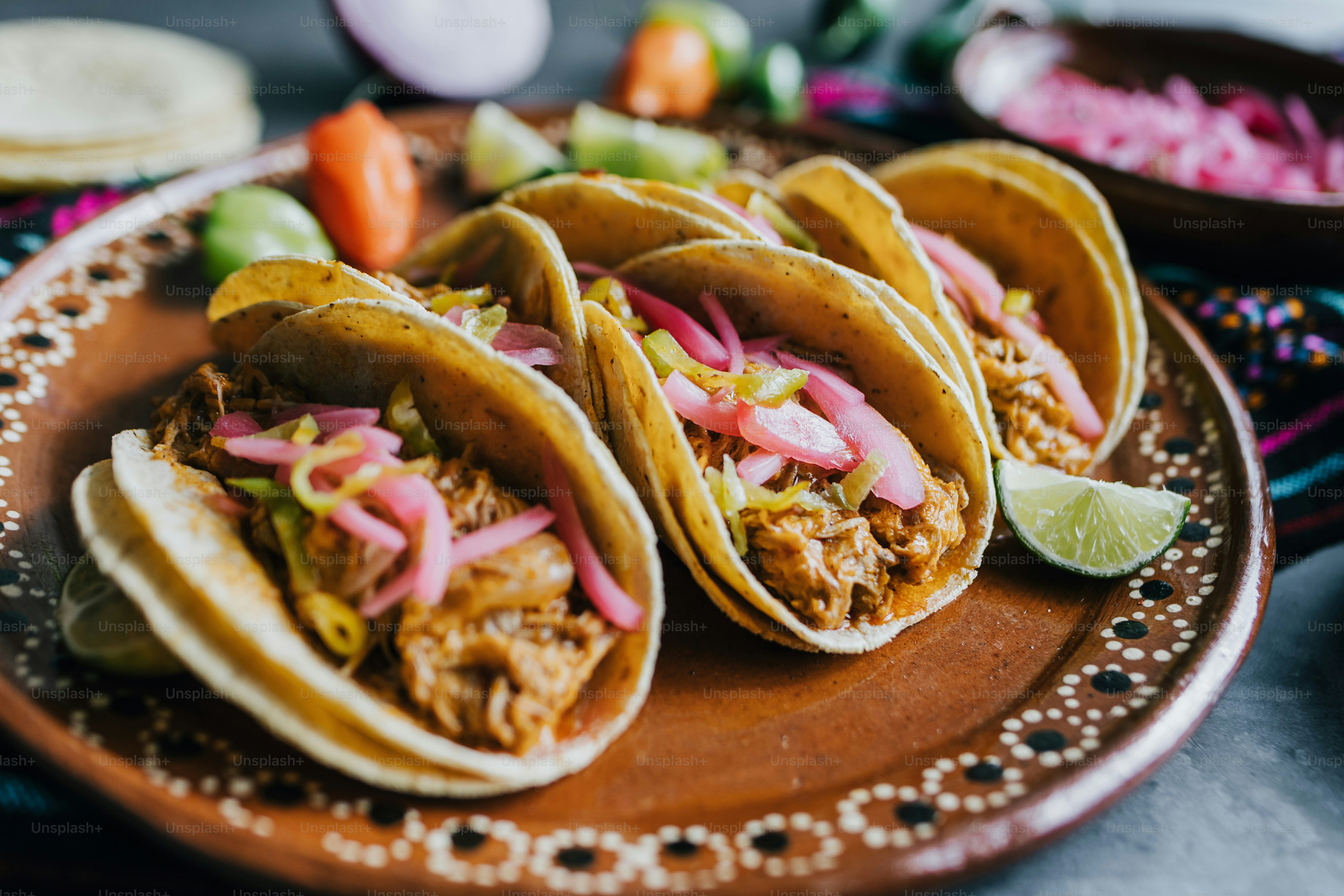 Mexican tacos of Cochinita Pibil , Mayan cuisine from Yucatan Mexico