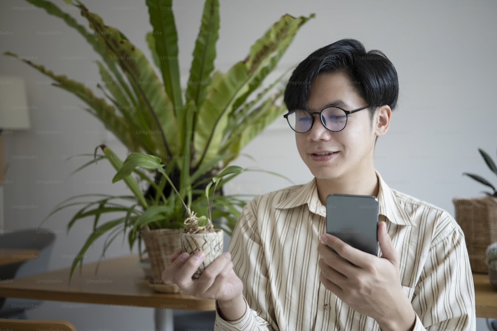 Young man small business entrepreneur using smart phone and holding potted plant.