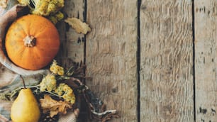 Thanksgiving rústico banner flat lay. Abóbora elegante, folhas de outono, flores, peras e cobertor aconchegante no fundo de madeira rústico antigo. Espaço para texto. Feliz Dia de Ação de Graças e Halloween