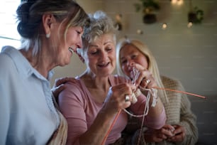 Des amies âgées heureuses s’amusent à tricoter ensemble à l’intérieur à la maison.