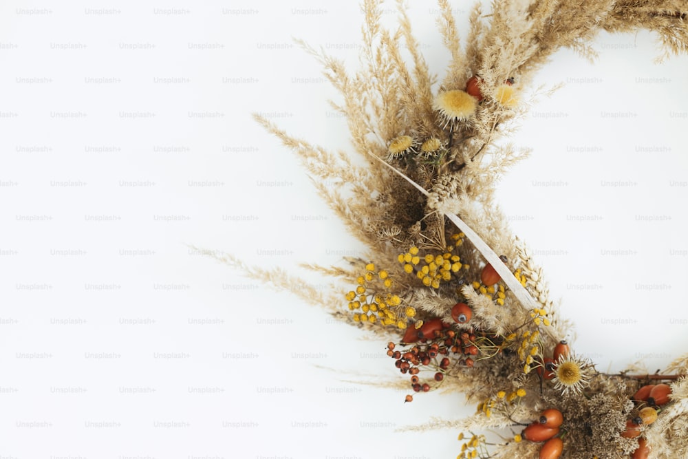Elegante corona rústica de otoño aislada en blanco, de cerca. Corona boho creativa con hierba de la pampa seca, flores silvestres, trigo, bayas en pared blanca. Hola Otoño.  Feliz Acción de Gracias. Espacio para el texto