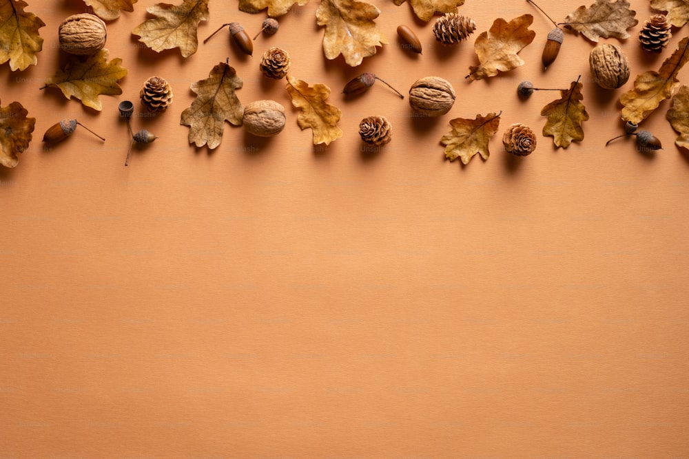 秋の構図。オレンジ色の背景に乾燥したオークの葉、クルミ、ドングリ、松ぼっくりで作られたフレームトップボーダー。秋、秋のコンセプト。フラットレイ、上面図、コピースペース。