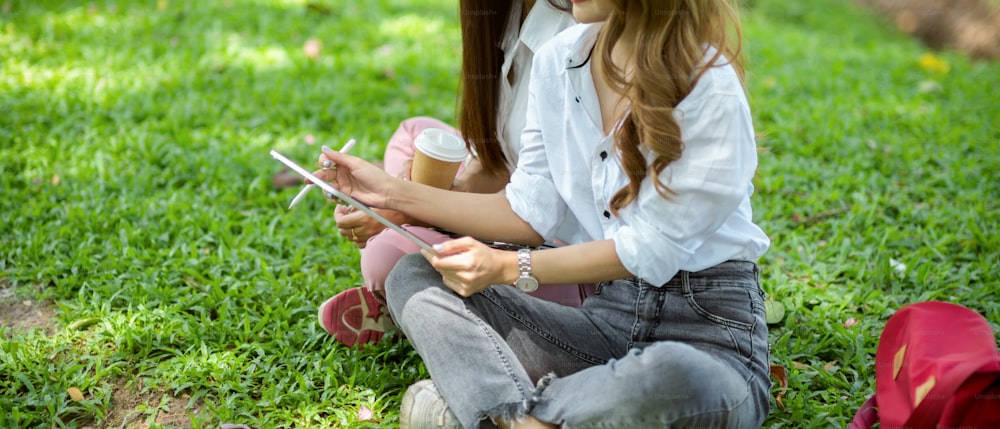 Cropped image of two female close friends relaxing in a park together on the weekend. utilizing a tablet device