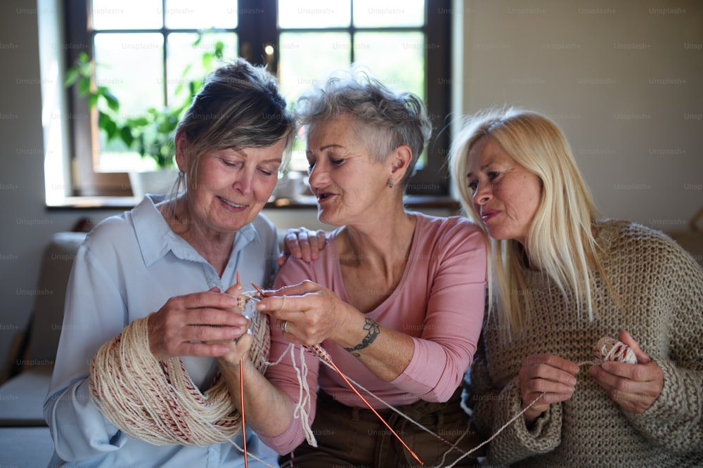 Happy senior female friends having fun knitting together indoors at home.