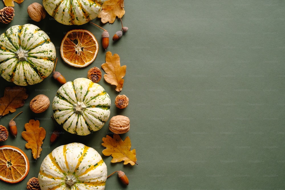 Feliz conceito de Ação de Graças. Composição de outono com abóboras maduras, folhas caídas, laranjas secas sobre mesa verde rústica. Flat lay, vista superior, espaço de cópia.