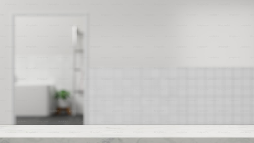 Empty white bathroom table top or counter top for montage your product to be display over blurred white bathroom interior with tile walls. 3d rendering, 3d illustration