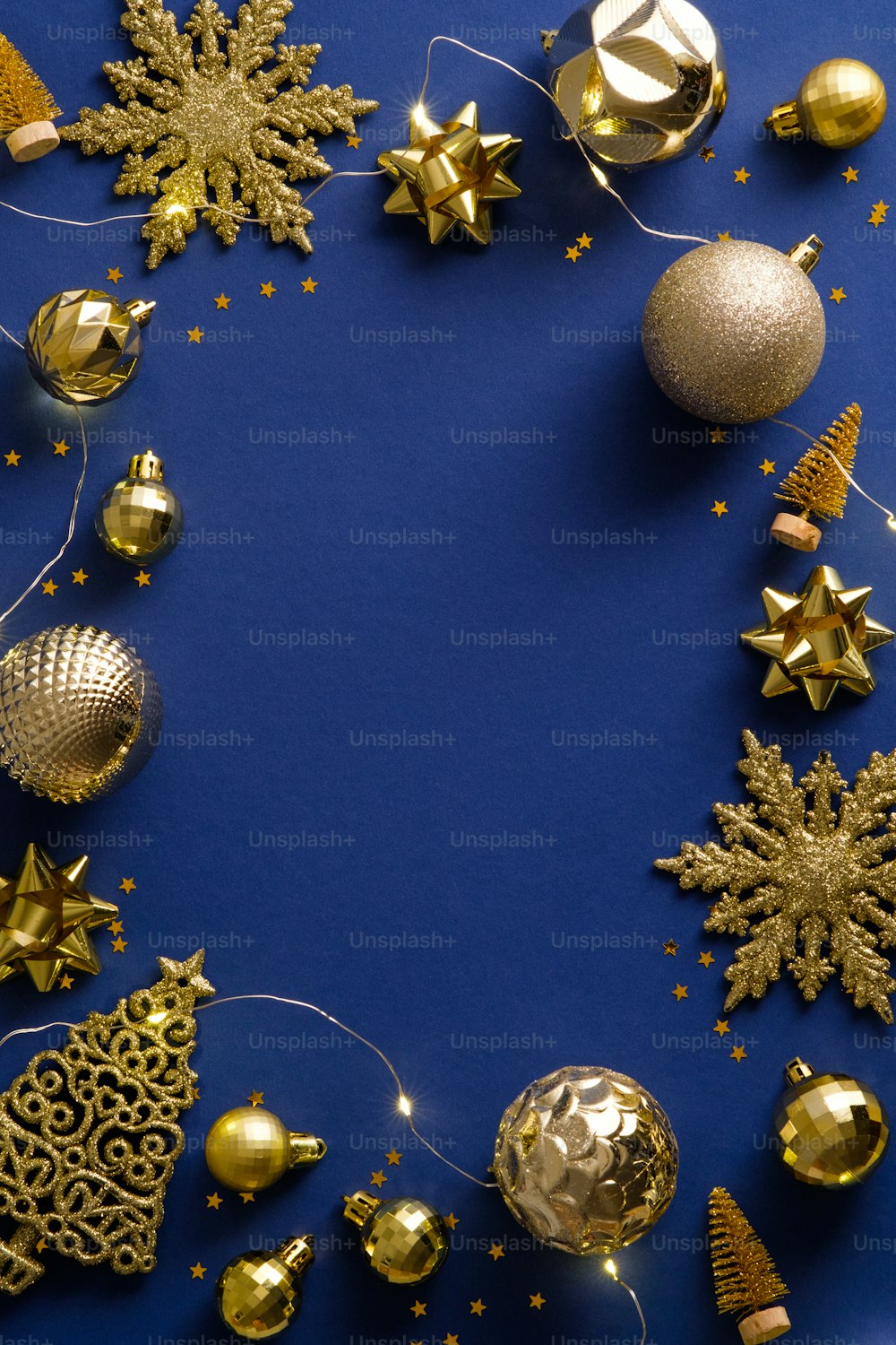 Christmas poster template. Golden Christmas decorations, garland, snowflakes. Happy New Year greeting card mockup