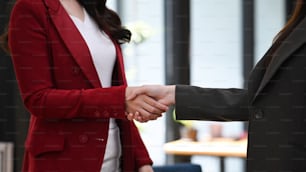 Cropped shot business people shaking hands, finishing up a meeting.