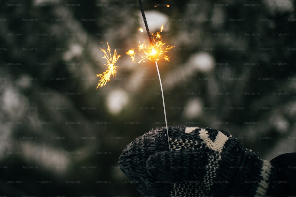 Happy New Year! Hand in cozy glove holding burning sparkler on background of pine tree branches in snow. Atmospheric magic moment. Woman hand with glowing firework in evening. Happy Holidays!