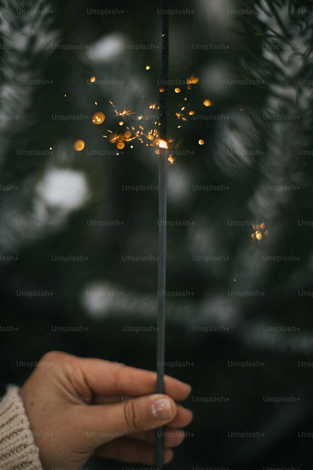 Happy New Year! Hand holding burning sparkler on background of pine tree in snowy park. Woman hand in cozy sweater with glowing firework. Atmospheric magic moment. Happy Holidays!