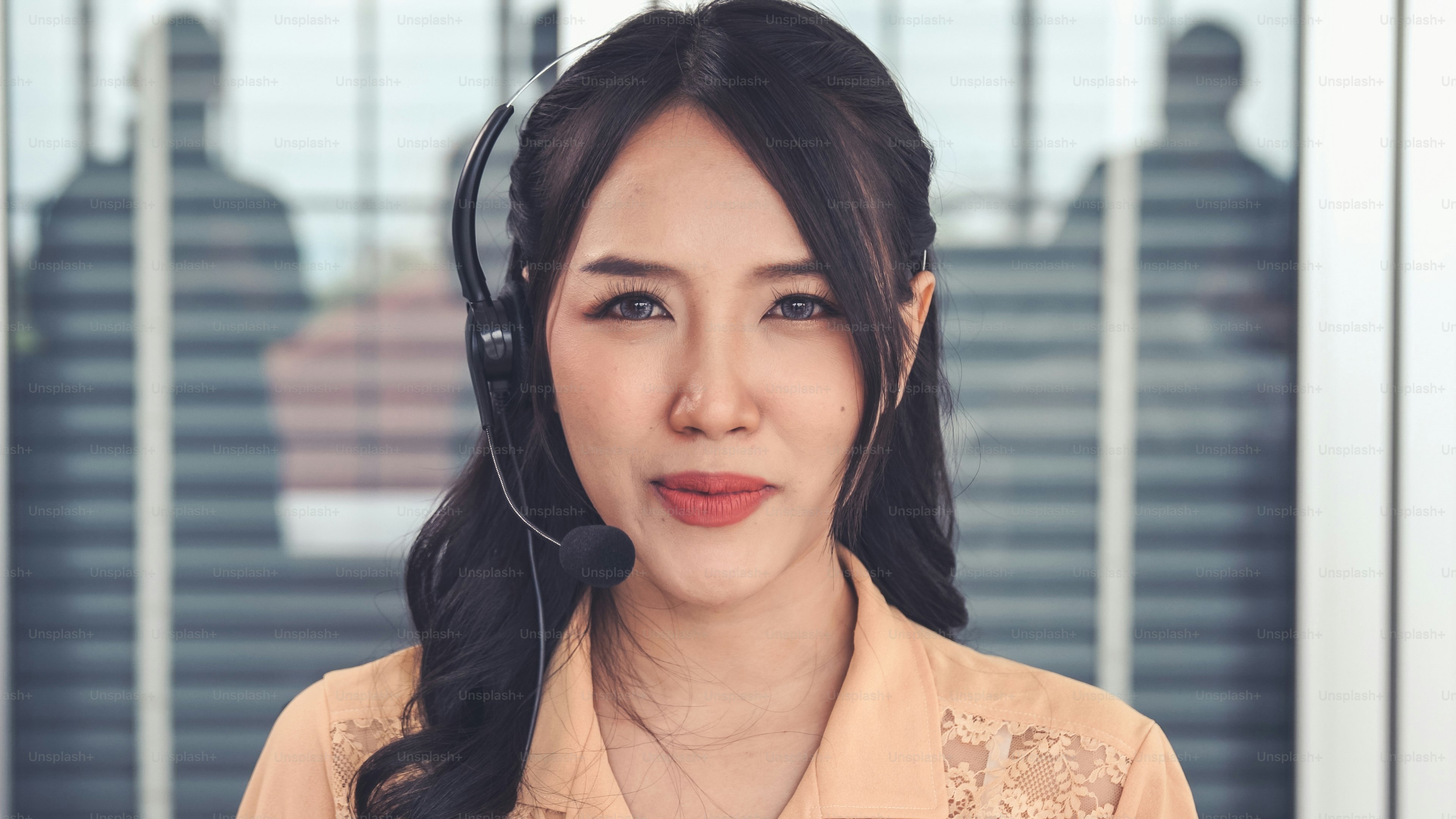 Video call camera view of businesswoman talks actively in videoconference . Call center, telemarketing, customer support agent provide service on telephone video conference call.