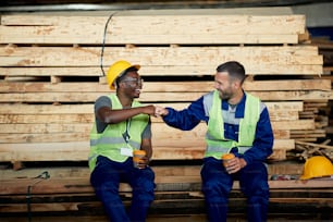Trabalhadores felizes se divertindo e batendo punhos durante a pausa para o café no armazém de madeira.