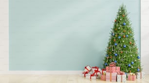 Árvore de Natal na sala de estar na parede azul clara vazia.3D renderização