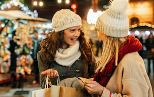 Portrait of cheerful young happy woman doing Christmas shopping. Christmas sale people concept