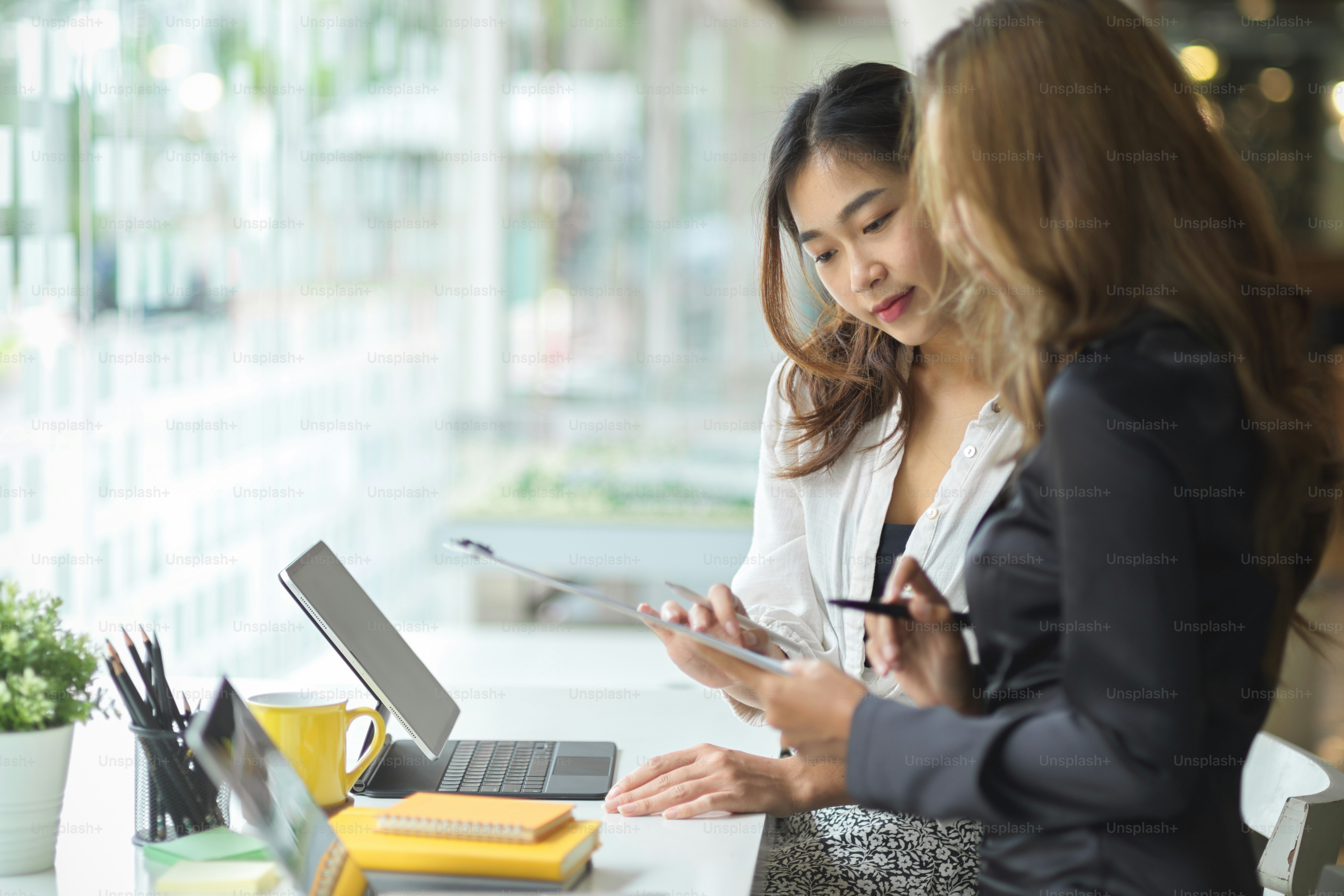 Young asian professional businesswomen discussing the project together in modern office room.