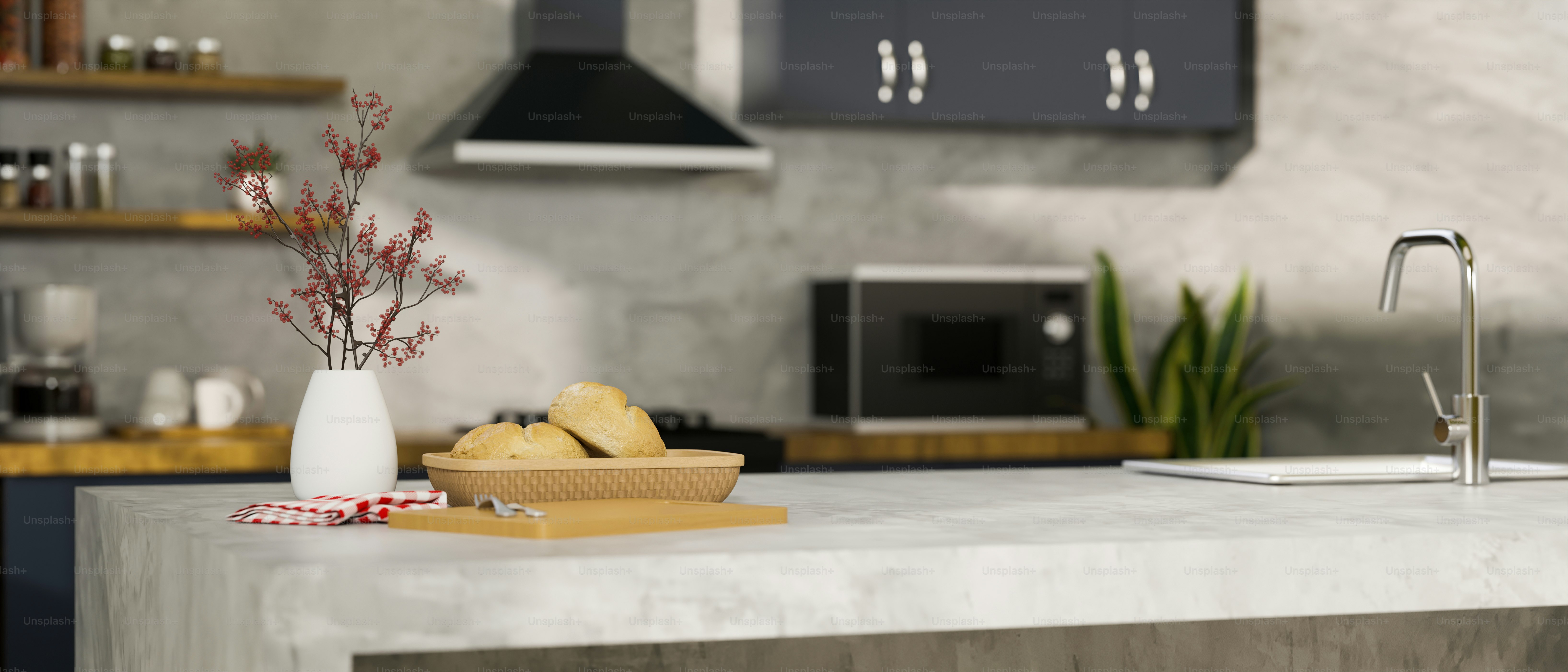 Modern loft kitchen interior style with cement loft kitchen island, bread basket, decor and montage space for product display. 3d rendering, 3d illustration