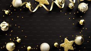 Eleganter Weihnachtshintergrund mit goldener Weihnachtsdekoration, Konfetti und Party-Streamer. Flaches Lay, Draufsicht, Kopierraum. Frohe Weihnachten und ein glückliches neues Jahr Bannerdesign.