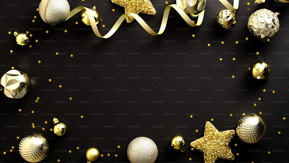 Elegant Christmas background with golden Xmas decorations, confetti, and party streamer. Flat lay, top view, copy space. Merry Christmas and Happy New year banner design.