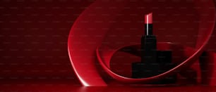 Luxus Premium Lippenstift Banner in roten abstrakten Formen Hintergrund. Vorlage der Präsentation von Lippenstiftanzeigen. 3D-Rendering, 3D-Illustration