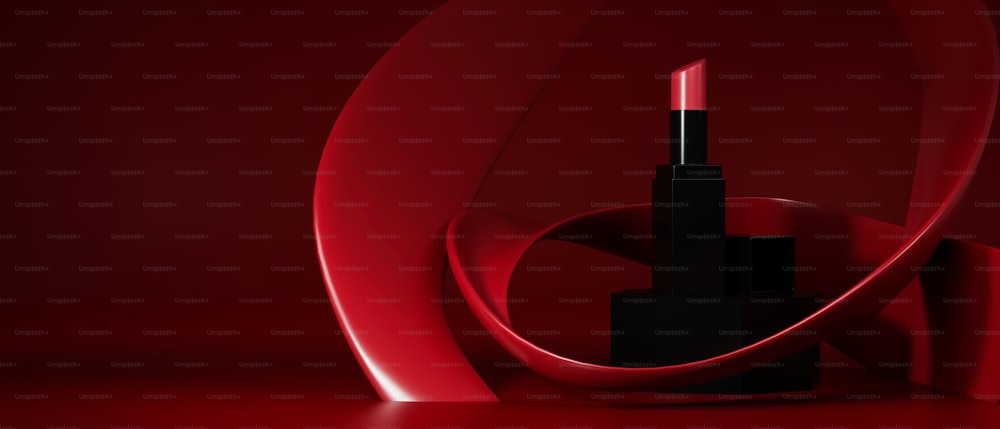Banner de lápiz labial premium de lujo en fondo rojo de formas abstractas. Plantilla de presentación de anuncios de lápiz labial. Renderizado 3D, Ilustración 3D