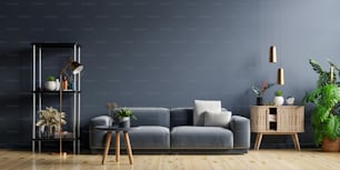 Mockup living room interior with sofa on empty dark blue wall background.3D rendering