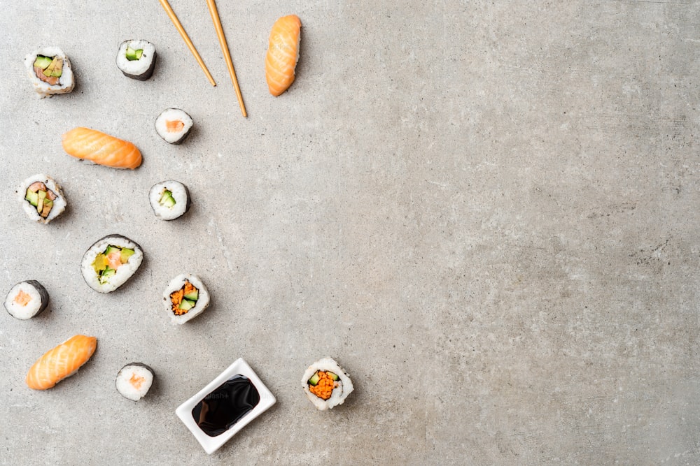 Colourful sushi on background with copyspace