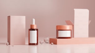 Stylish beauty skincare cosmetics mockup banner with dropper bottle, jar of cream and boxes on pink background. 3d rendering, 3d illustration