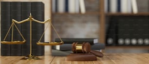 Maqueta de mazo de juez y balanzas de justicia en escritorio de madera sobre fondo borroso de la oficina del abogado. Renderizado 3D, Ilustración 3D