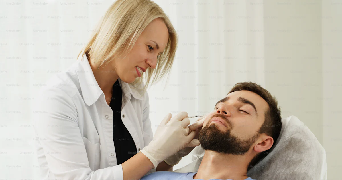 Female doctor and male client during filler injections in aesthetic ...