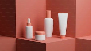Set einer minimalen Verpackung für Schönheitsprodukte auf rosa quadratischem Sockel. Hautpflegeflasche, Tiegel, Tropfer und Tubenmodell. 3D-Rendering, 3D-Illustration