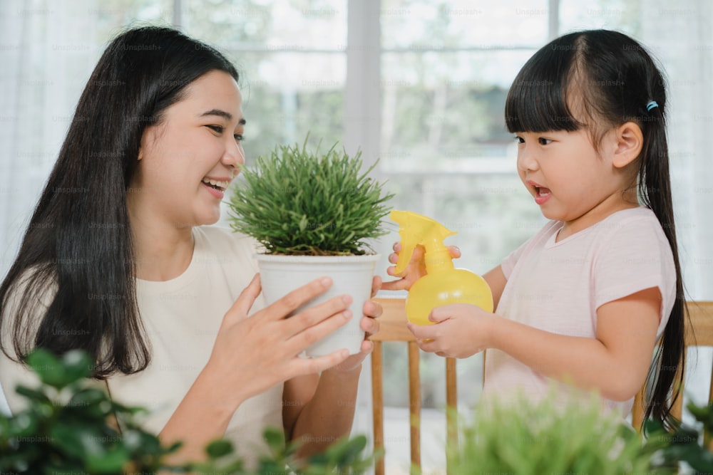 Happy cheerful Asian family mom and daughter watering plant in gardening near window at house.