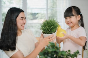 Happy cheerful Asian family mom and daughter watering plant in gardening near window at house.